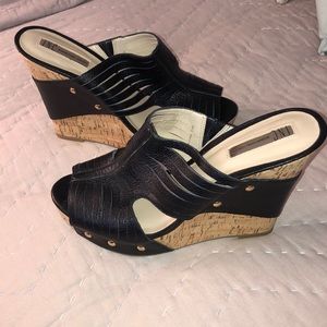 INC Black Leather Wedge Sandals